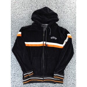 CRIMINAL DAMAGE LONDON Black‎ Velour Zip Up Hoodie Jacket Orange White Stripe M